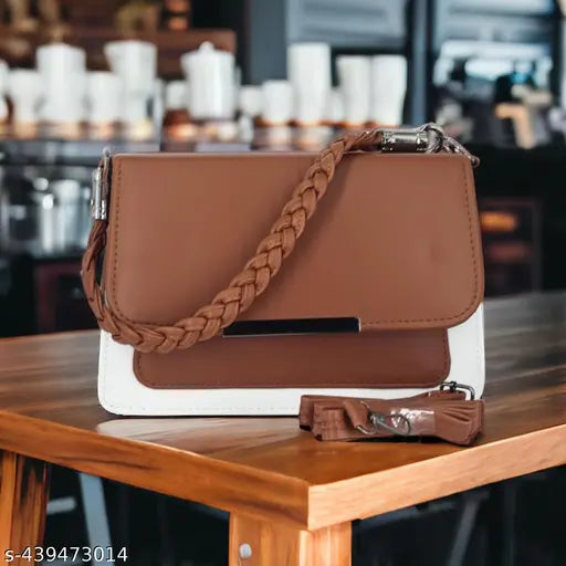 Brown fabric sling bag for women & girls, two-tone mustard yellow and white, perfect for casual or dressy occasions