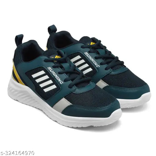 Blue mesh running shoes for boys, ideal for sports activities. Made by Asian brand with comfort insole and textured net pattern." (96 characters)