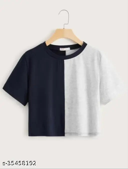 Colorblocked cotton crop top with short sleeves, size XS-XXXL, made in India