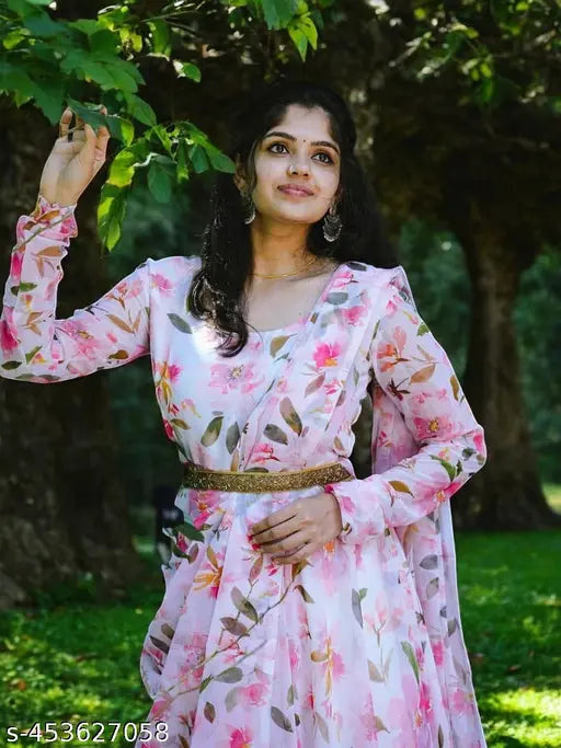 Georgette printed net long sleeve gown with dupatta for women, trendy and classy Indian fashion piece on mannequin