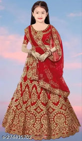 Red satin lehenga choli set with dupatta, intricately embroidered, traditional Indian fashion for young girls (3-16 years)