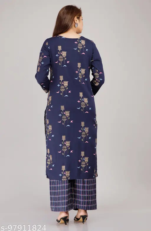 Rayon printed kurta palazzo set for women, three-quarter sleeves rayon fabric on model