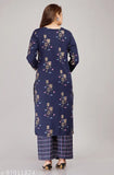 Rayon printed kurta palazzo set for women, three-quarter sleeves rayon fabric on model