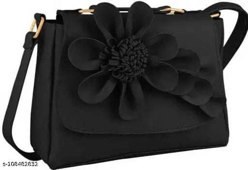 Faux leather single flower handbag, women's travel purse with 2 compartments, solid net design, free size (24x6x21in), Indian origin