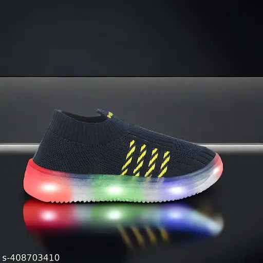 Dark blue LED light wale canvas slip-on sneakers for kids (age 15), breathable and shiny with fastening detail