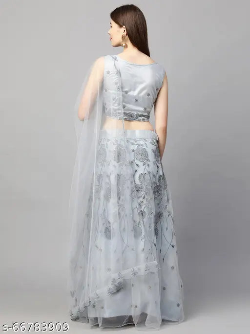 Sky Blue net beads and stones semi-stitched Lehenga Choli with dupatta, embroidered for traditional Indian attire