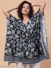 Black Rayon decollete kaftan dress (length 34), floral print with adjustable waist and short sleeves