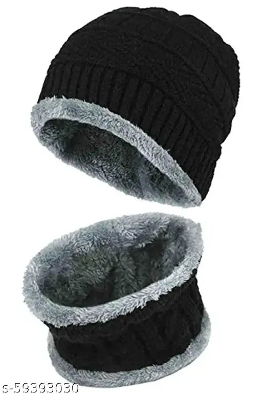 Woolen cap set (unisex beanie + muffler scarf) - ultra-soft, snow-proof, 20° temperature, textured knit design