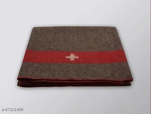 Brown and white wool Swiss Army blanket with red stripes and cross, ideal for emergencies or home decor