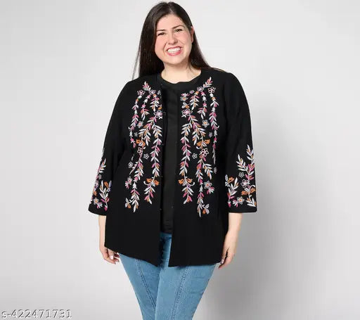 Black embroidered cotton topper with long sleeves and printed net pattern, XS size from India