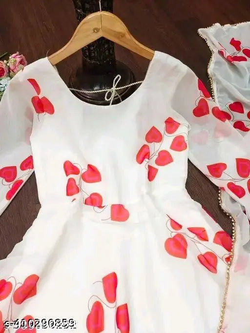 Red floral print Georgette stitched A-line gown with long sleeves, Indian handloom fashion