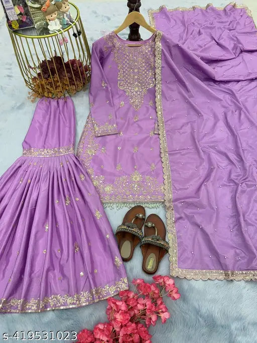 Silk embroidered party top set with palazzo and dupatta, three-quarter sleeves, Indian designer wear for women (XL size)