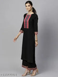 Women's black cotton blend kurti set with dupatta and bottomwear, solid pattern, three-quarter sleeves. Single size set available in XXS, XS, S (36in bust, 42in top length, 14in shoulder), M (38in bust, 42in top length, 14in shoulder), L (40in bust, 42in top length, 15in shoulder). Made in India