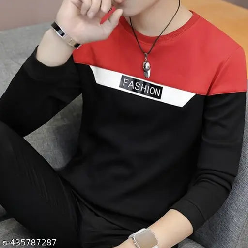 Men's cotton blend colorblock polo neck T-shirt, long sleeves, slim fit with printed pattern, size M (38" chest, 27" length), soft texture for casual wear