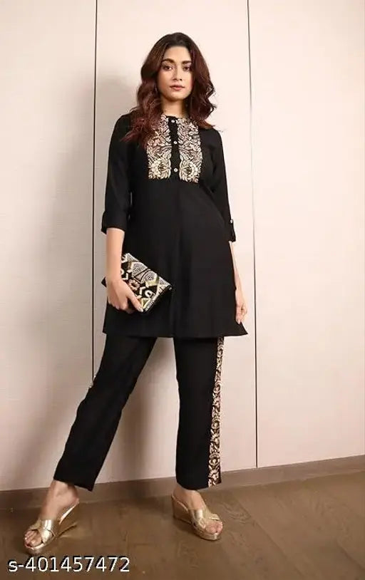 Rayon black embroidery coord set for women and girls (3/4 sleeve, round neck) - Indian handcrafted fashion for casual or formal events