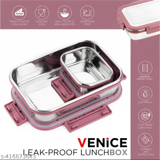 Pink stainless steel tiffin box with 2 compartments, 1000ml capacity, airtight & leak-proof for school/office use