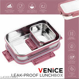 Pink stainless steel tiffin box with 2 compartments, 1000ml capacity, airtight & leak-proof for school/office use