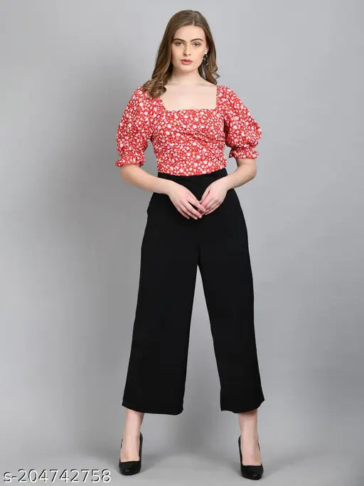 Red printed square neck, puff sleeve crop top on fashion mannequin