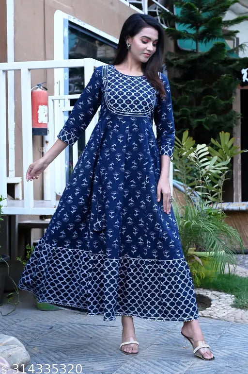 Blue Rayon Anarkali Kurti with embroidered mirror work, three-quarter sleeves, round neck. Indian women's fashion wear