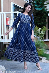 Blue Rayon Anarkali Kurti with embroidered mirror work, three-quarter sleeves, round neck. Indian women's fashion wear