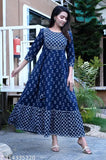 Blue Rayon Anarkali Kurti with embroidered mirror work, three-quarter sleeves, round neck. Indian women's fashion wear