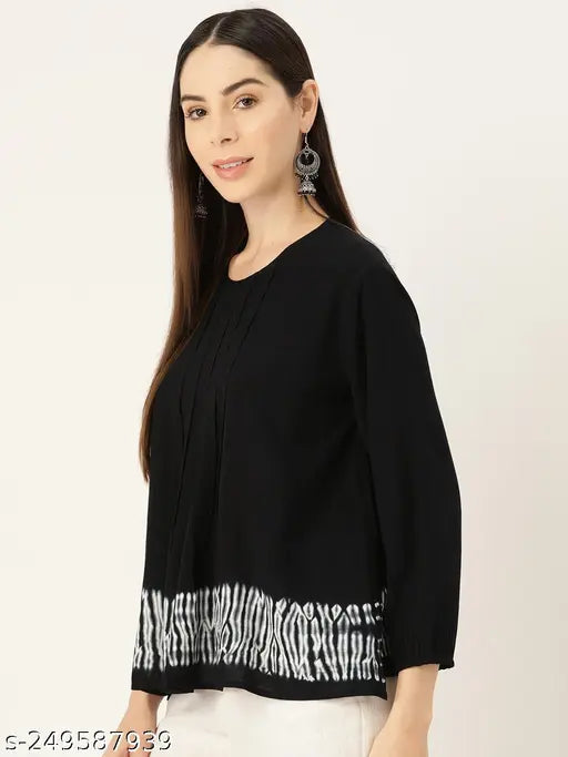 Black rayon pleated tie-dye top, solid net, long sleeves, India origin