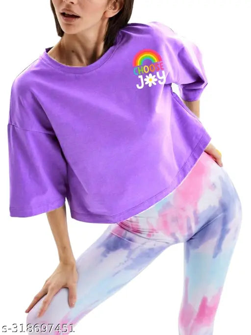 Lavender cotton blend crop top T-shirt for women/girl, trendy half sleeve print design, casual and comfortable streetwear