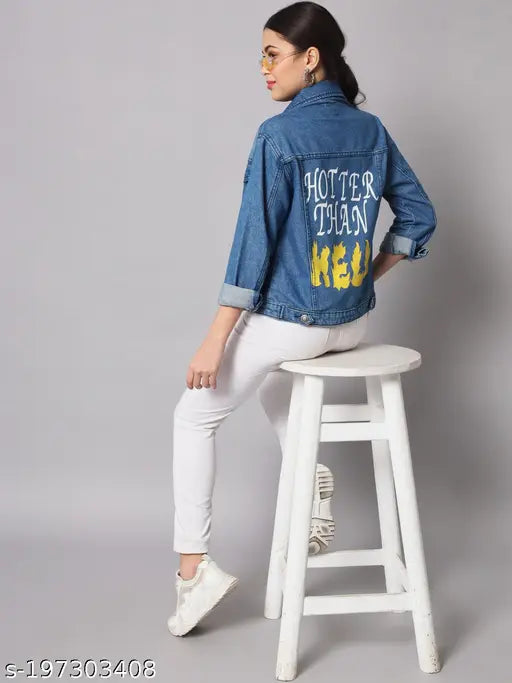 Denim, long-sleeved, women's typography blue jacket from THE DRY STATE. Vibrant dyed/washed design for S, M, L, XL sizes