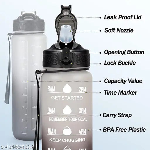 Multicolor motivational Scepto water bottle, 1 liter capacity, leak-proof with time marker & removable strainer, perfect for fitness and outdoor activities