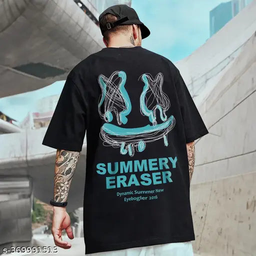 Cotton blend black round t-shirt, eye-catching back print design, men's regular fit from India