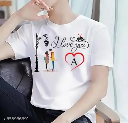White polyester short-sleeve alphabet t-shirt: I LOVE YOU A print, Made in India