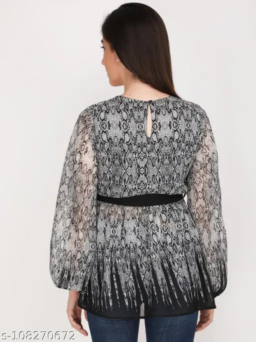 Black polyester snack print balloon sleeve top with self-design net, suitable for XS, L, XL, originating from India