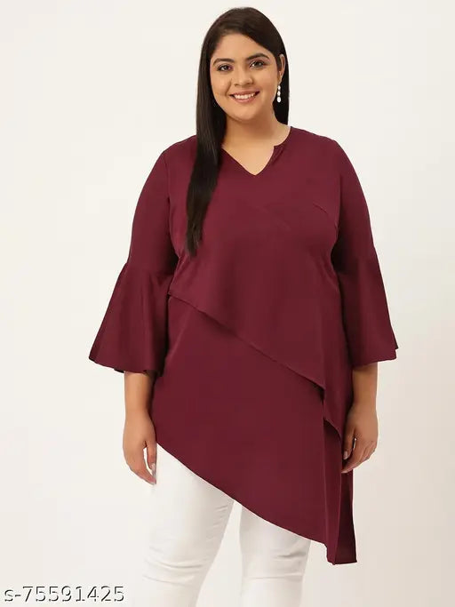 Burgundy solid color plus size women's longline layered top, poly crepe fabric, three-quarter sleeves, India origin