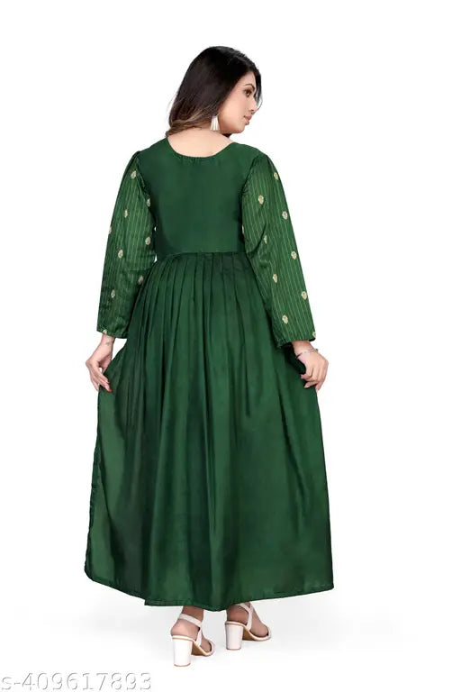 Green jacquard pleated maxi gown with embroidered long sleeves - Indian boutique dress for parties and formal events