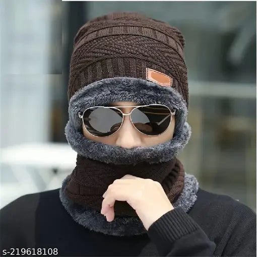 Brown unisex winter woolen cap & scarf set, high-quality knitted acrylic & cotton blend with fur lining, perfect for outdoor activities & daily wear