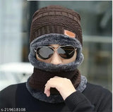 Brown unisex winter woolen cap & scarf set, high-quality knitted acrylic & cotton blend with fur lining, perfect for outdoor activities & daily wear