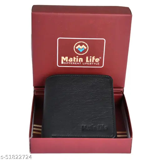 Faux leather men's wallet by Matin Life, featuring 6 card slots, 1 coin pocket, 2 hidden compartments, 2 currency slots, and ID slot. Luxurious, full-length cash compartment in free size (12cm x 8cm)