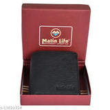Faux leather men's wallet by Matin Life, featuring 6 card slots, 1 coin pocket, 2 hidden compartments, 2 currency slots, and ID slot. Luxurious, full-length cash compartment in free size (12cm x 8cm)