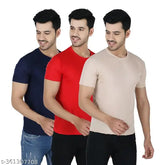 Men's solid polyester short-sleeve t-shirts, 3 pack in various sizes from S to XXL. Indian-made casual wear on hanger