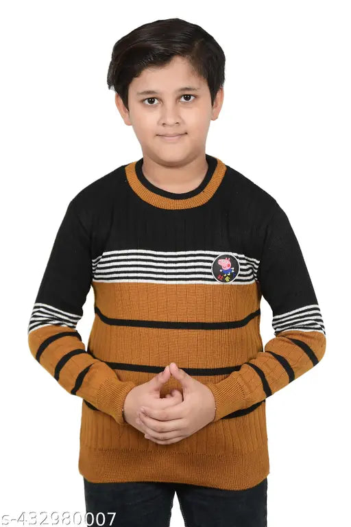 Striped wool sweater for boys aged 7-10, available on Gillkart. Long sleeve knitwear for kids, India origin
