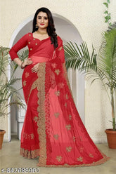 Salmon net Amrita Saree with embroidered floral themes and stone adornments, free size, Indian origin
