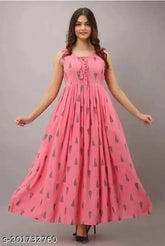 Peach rayon kurti cum gown, printed combo for women's festive or casual wear, soft and comfortable Indian ethnic fashion
