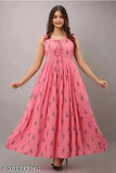 Peach rayon kurti gown, sleeveless, printed, soft and comfortable for festive or casual wear - India origin