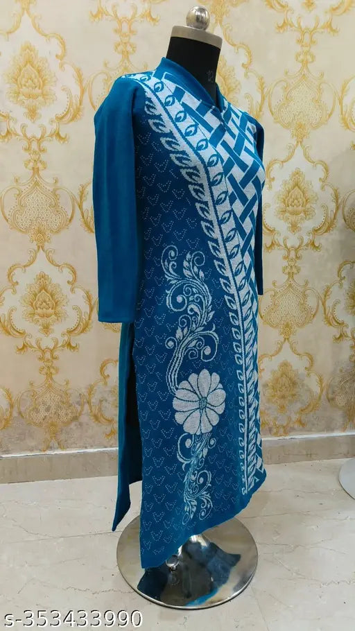 Fancy aqua blue woolen kurti set with leggings, printed net design, long sleeves. Women's fashion wear from India" (106 characters)