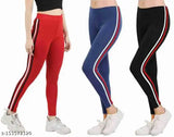 Cotton blend striped jeggings pack of 3, soft, stretchable, and suitable for sports/yoga. Ankle-length with skinny fit and elastic waistband. Available in sizes 28, 30, and 32 (Waist 28in/30in/32in, Length 36in, Hip 28in/30in/32in). Made in India