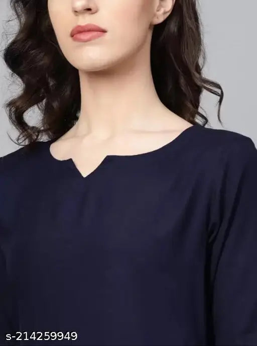 Women's navy blue rayon kurta set with palazzo and dupatta, featuring a V-neck, short sleeves, side slits, elastic waistband, one pocket, and tessel print dupatta. Made in India