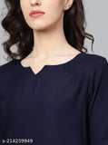 Women's navy blue rayon kurta set with palazzo and dupatta, featuring a V-neck, short sleeves, side slits, elastic waistband, one pocket, and tessel print dupatta. Made in India