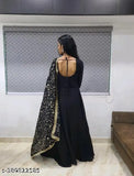 Plan Black Georgette Anarkali Long Sleeve Kurta Set with Dupatta, traditional Indian party wear for women