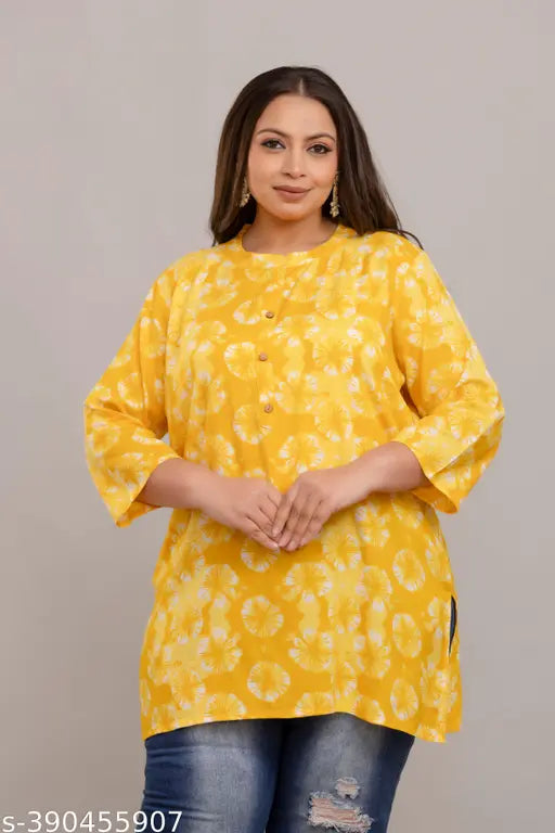 Yellow rayon short kurti/top/tunics, printed with latest trend, embroidered neck and sleeves, plus size, India origin