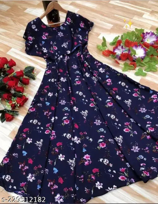 Floral printed crepe Anarkali kurtis for women, lightweight & breathable fabric, short sleeves, round neck, ankle-length, versatile everyday wear, machine washable, Indian origin